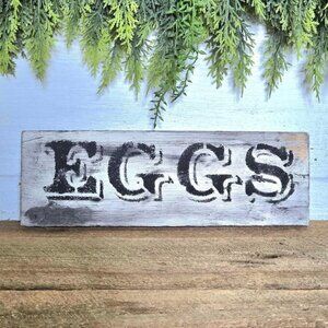 Primitive White & Black Painted Weathered Eggs Sign Weathered Farmhouse Decor